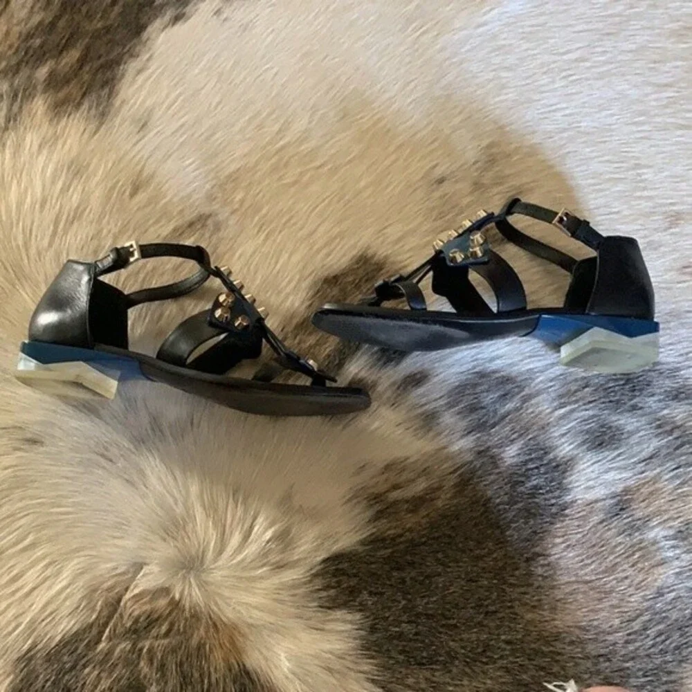 Tory Burch Aurora Leather Studded Ankle-Strap Sandals Blue and Black Size: 6